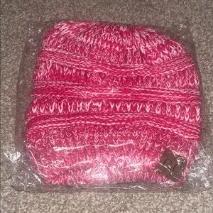 C.C Vibrant Pink Knit Beanie Ponytail Style New in Package
